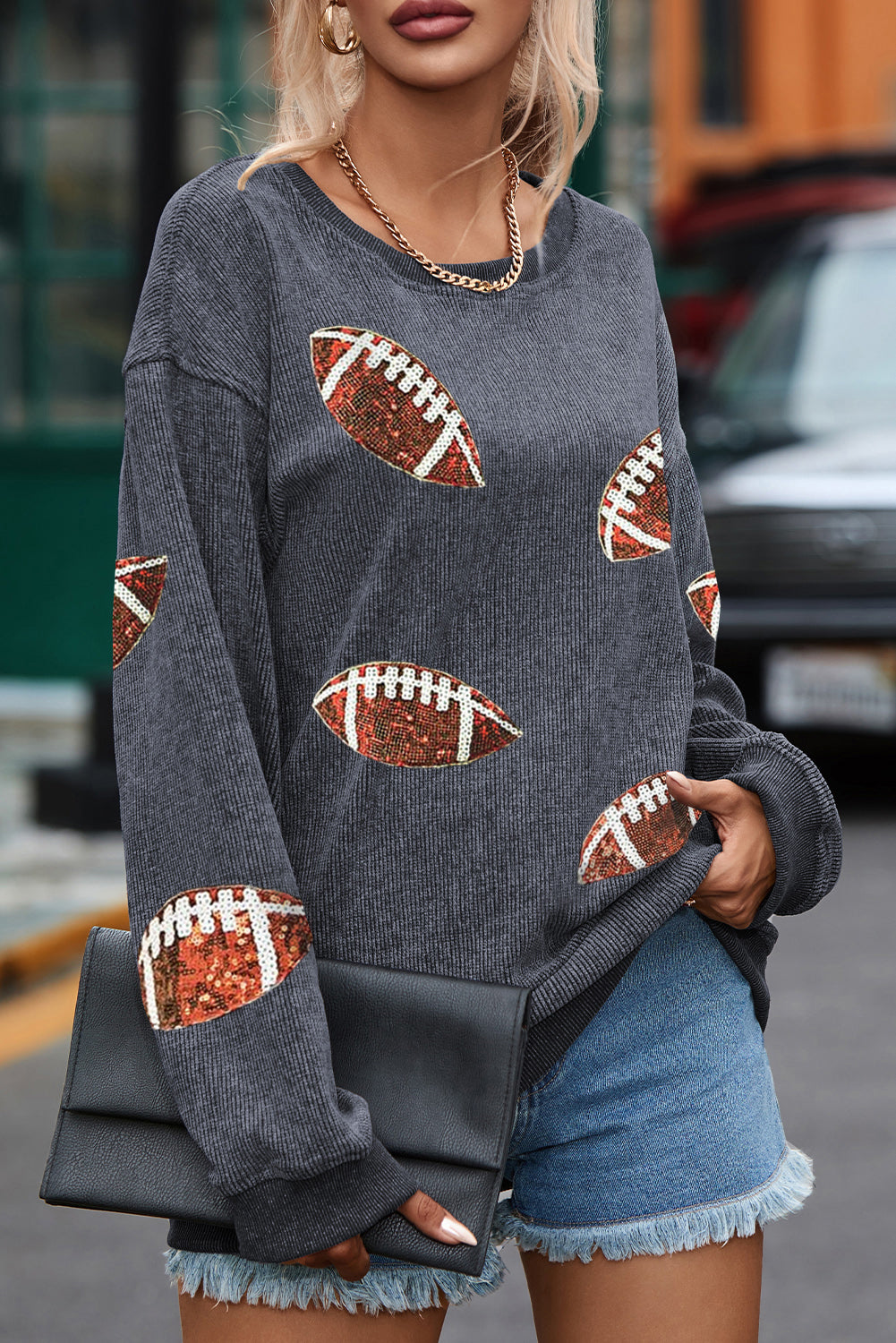 Gray Sequin Football Baggy Sweatshirt