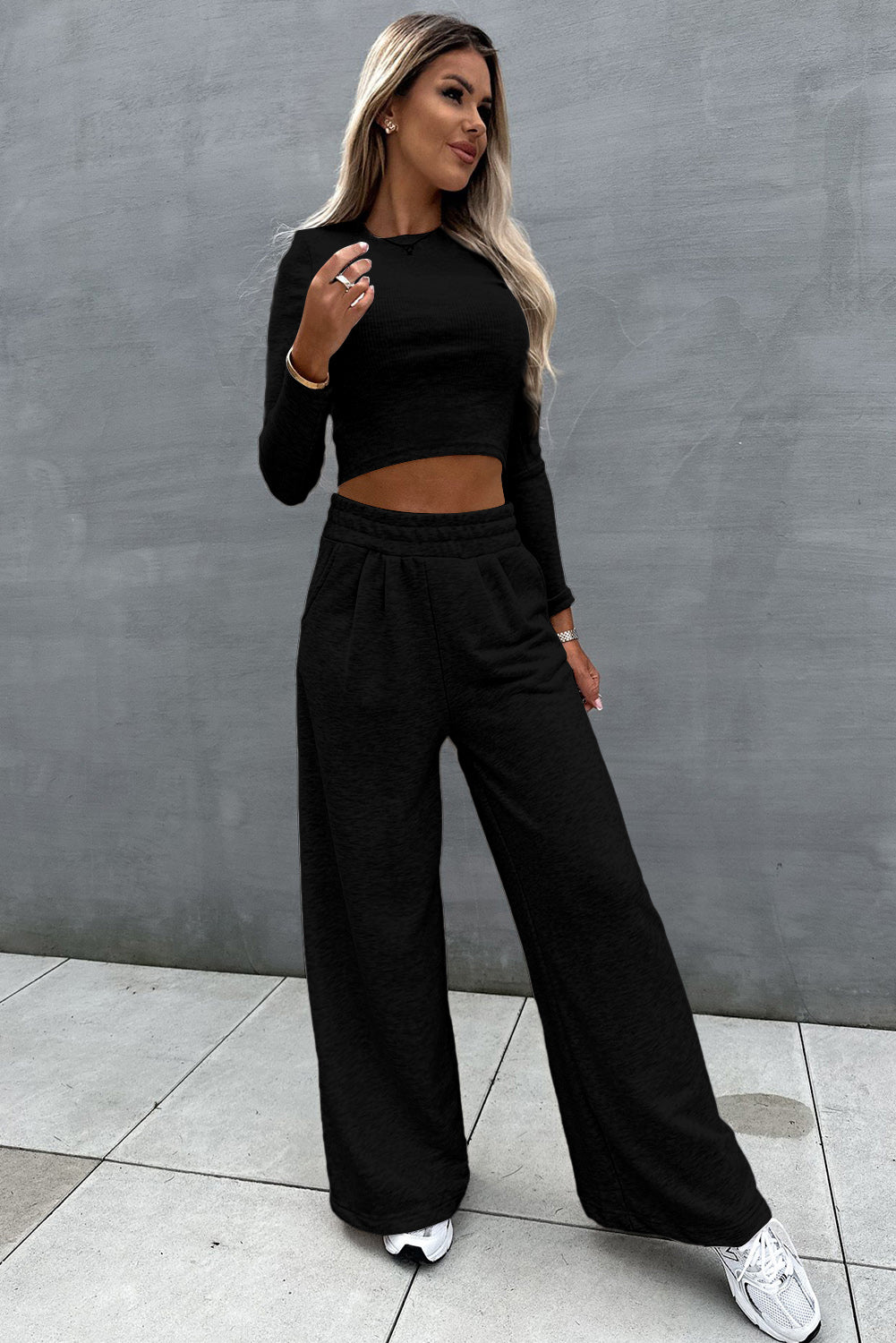 Black Crop Top and Wide Leg Pants Set