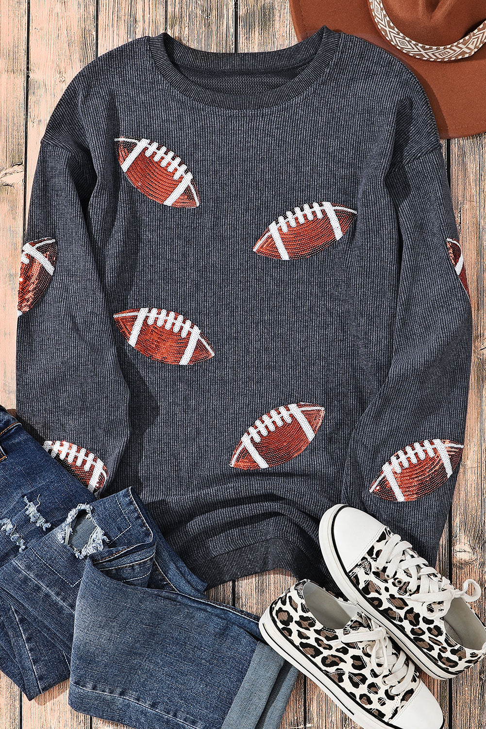 Gray Sequin Football Baggy Sweatshirt