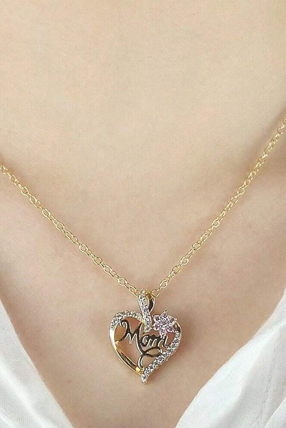 Gold Mom Rhinestone Flower Hollow-out Heart Necklace