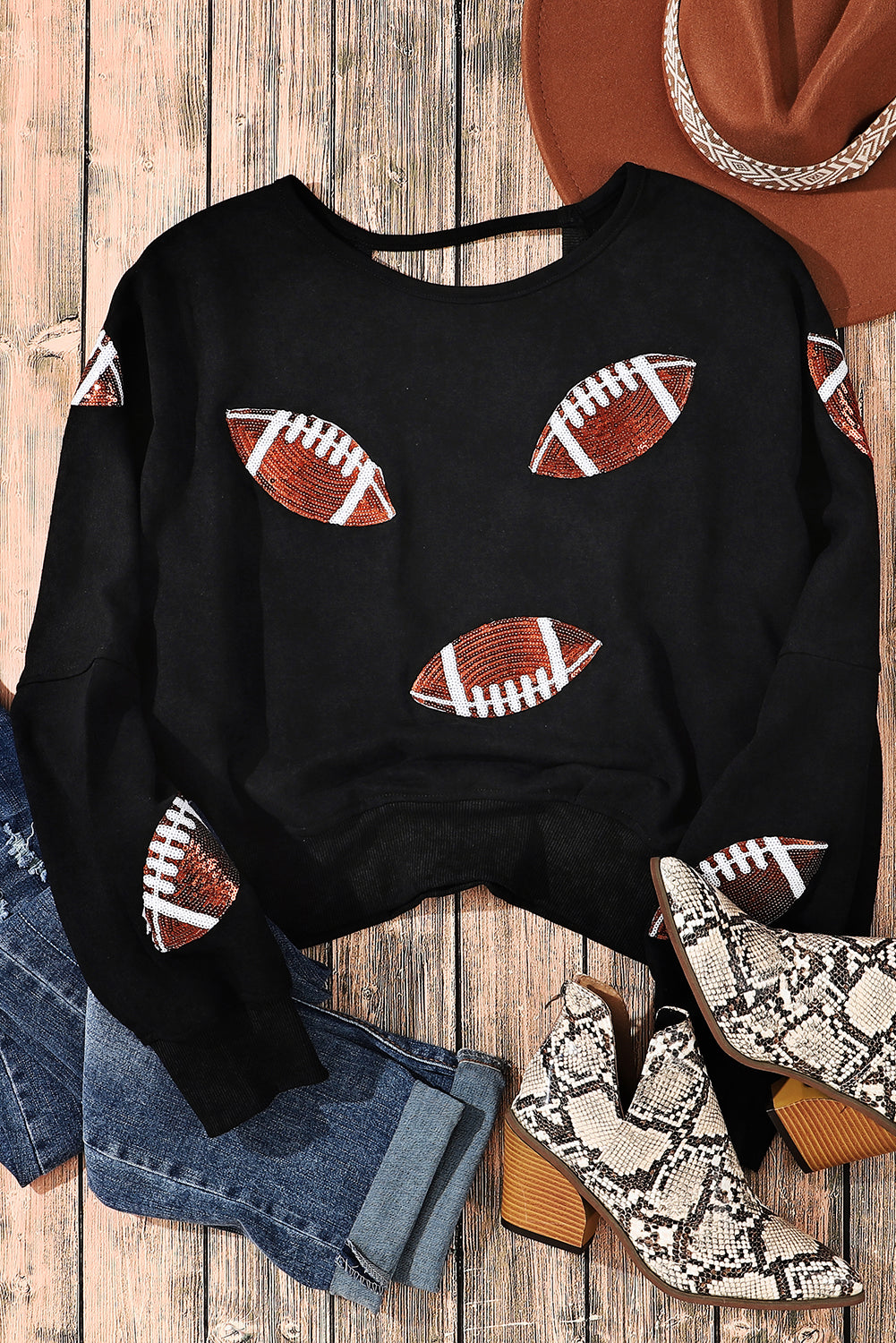 Black Sequined Football Open Back Sweatshirt