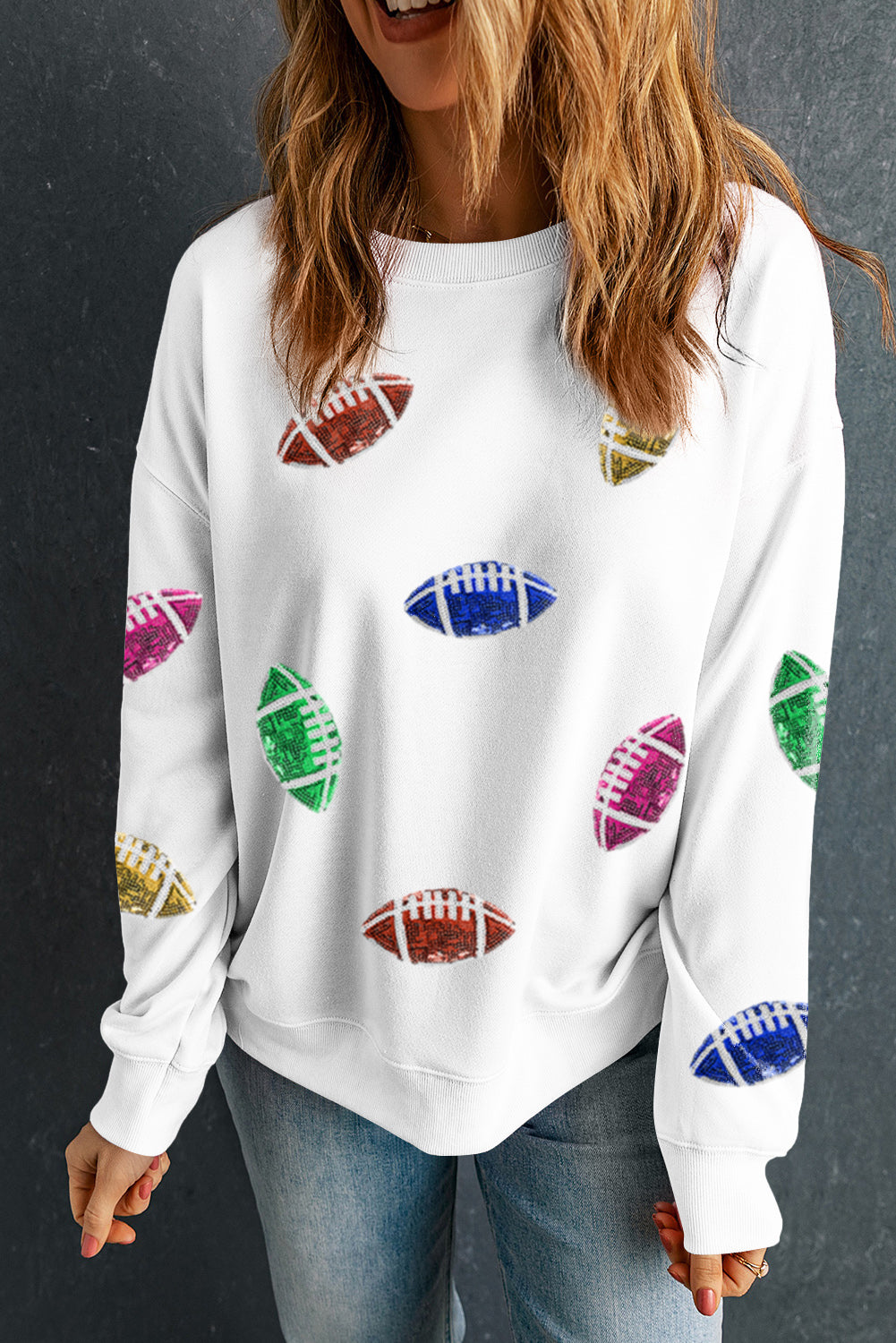 Beige Sequined Rugby Football O Neck Sweatshirt