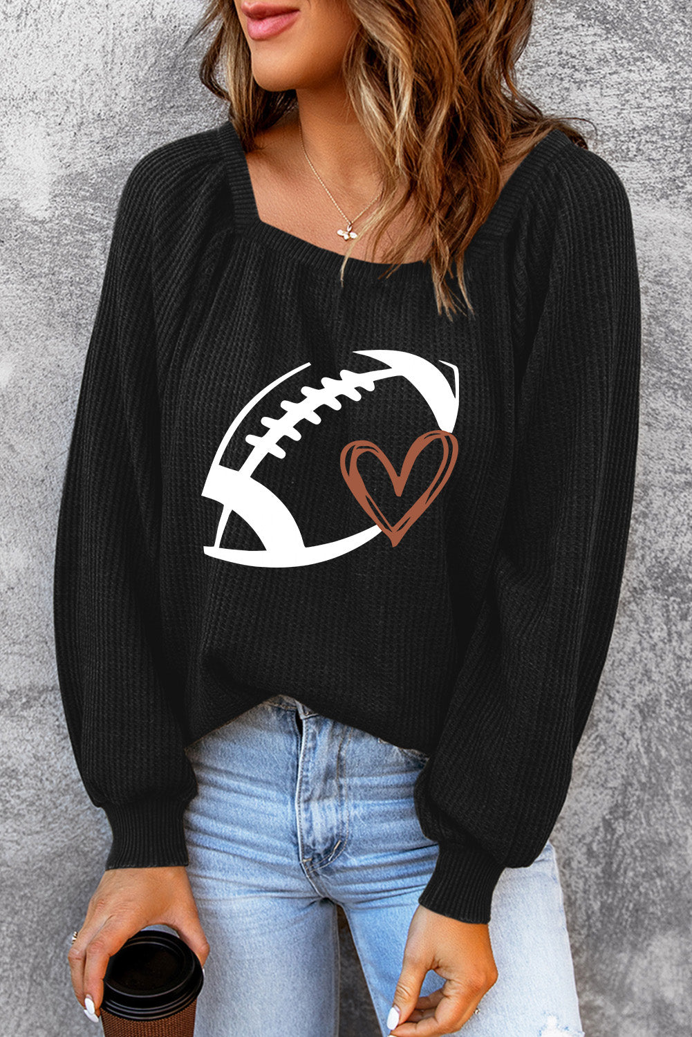 Black Football  Puff Sleeve Waffle Top