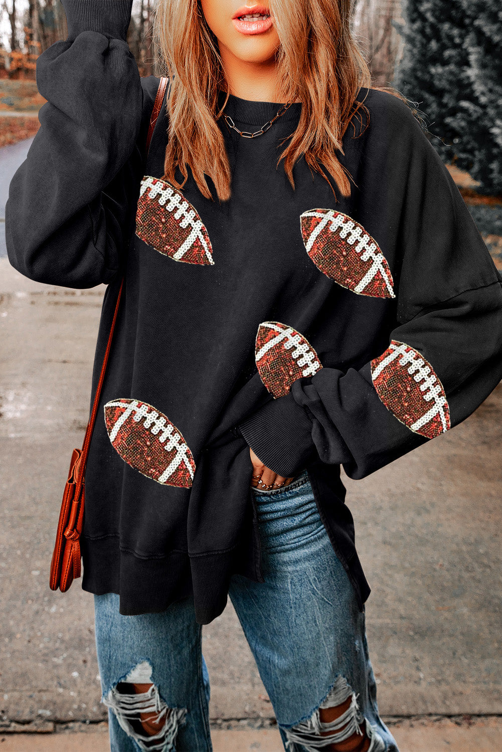 Black Rugby Football Print Side Split Loose Fit Sweatshirt