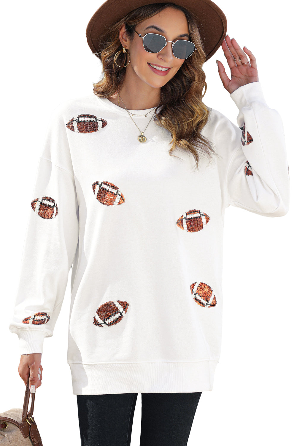 White Sequin Football Pullover Sweatshirt