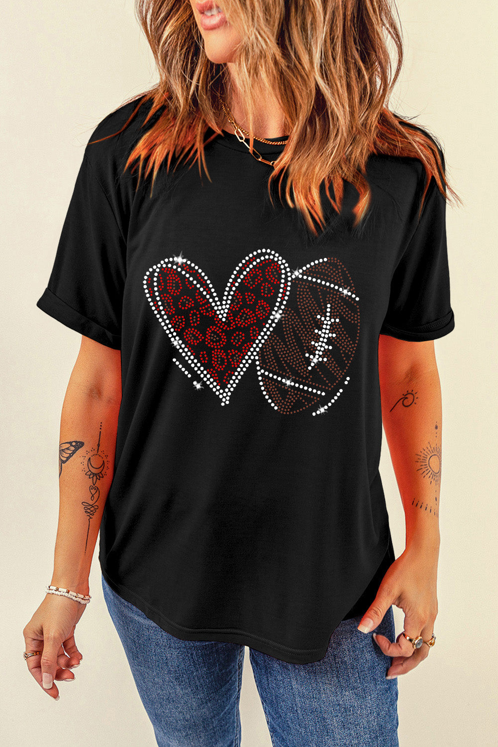 Black Rhinestone Football Heart Shape  T Shirt