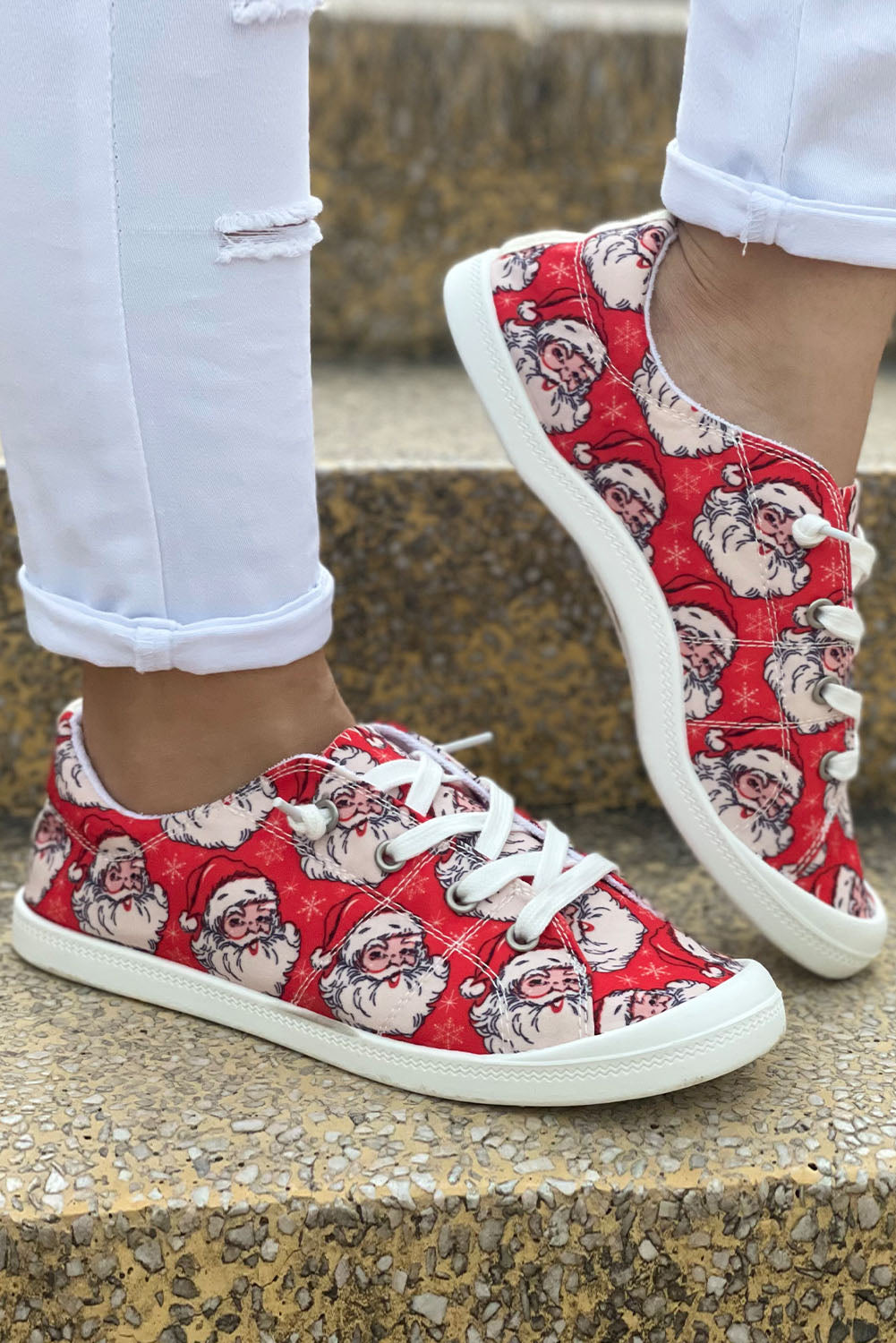 Fiery Red Christmas Santa Print Lace Up Flat Shoes