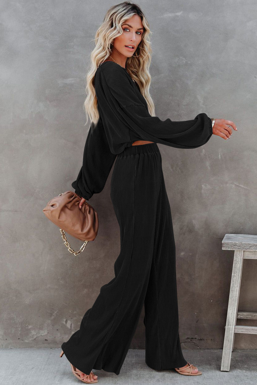 Black Corded Cropped Pullover Pants Set