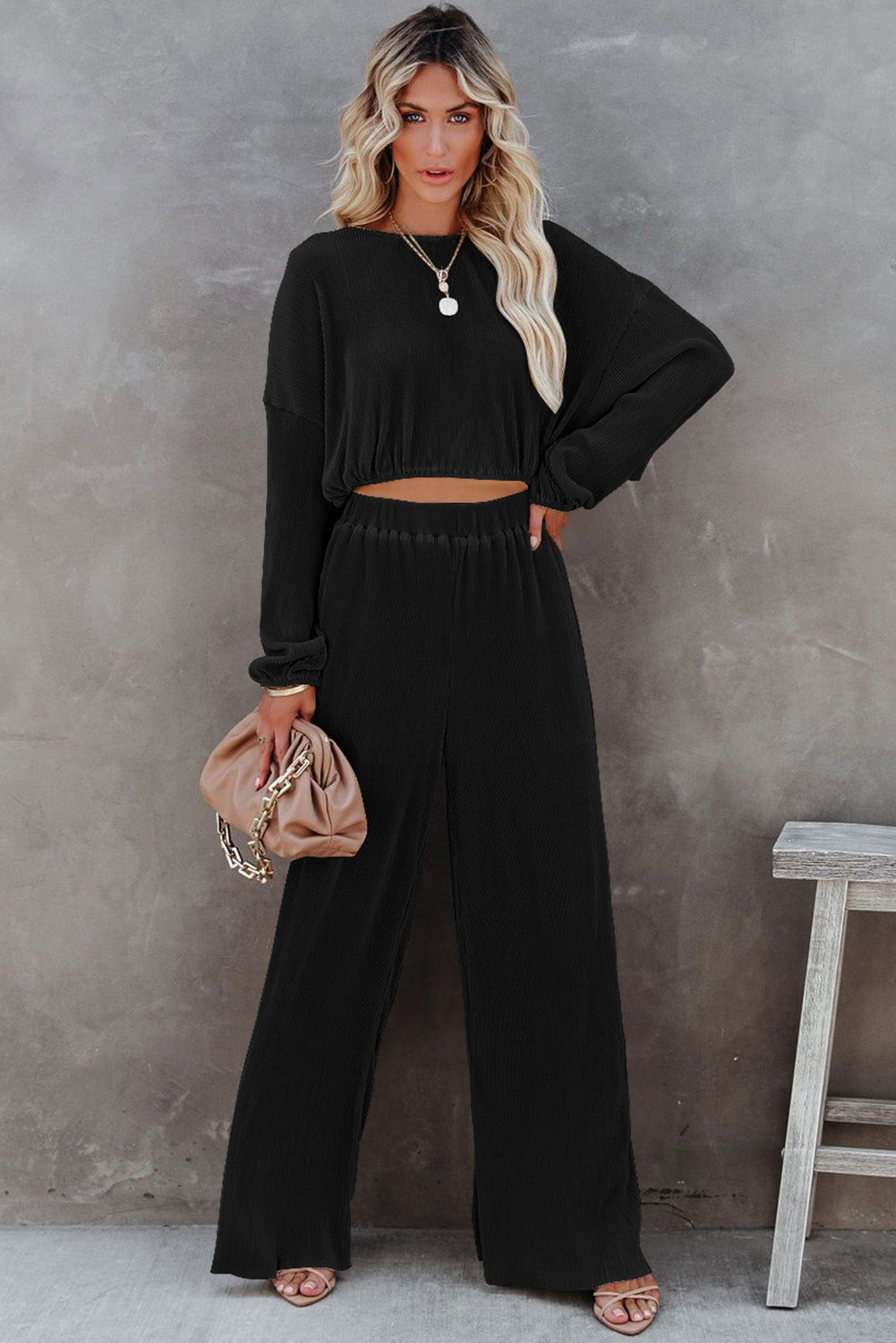 Black Corded Cropped Pullover Pants Set