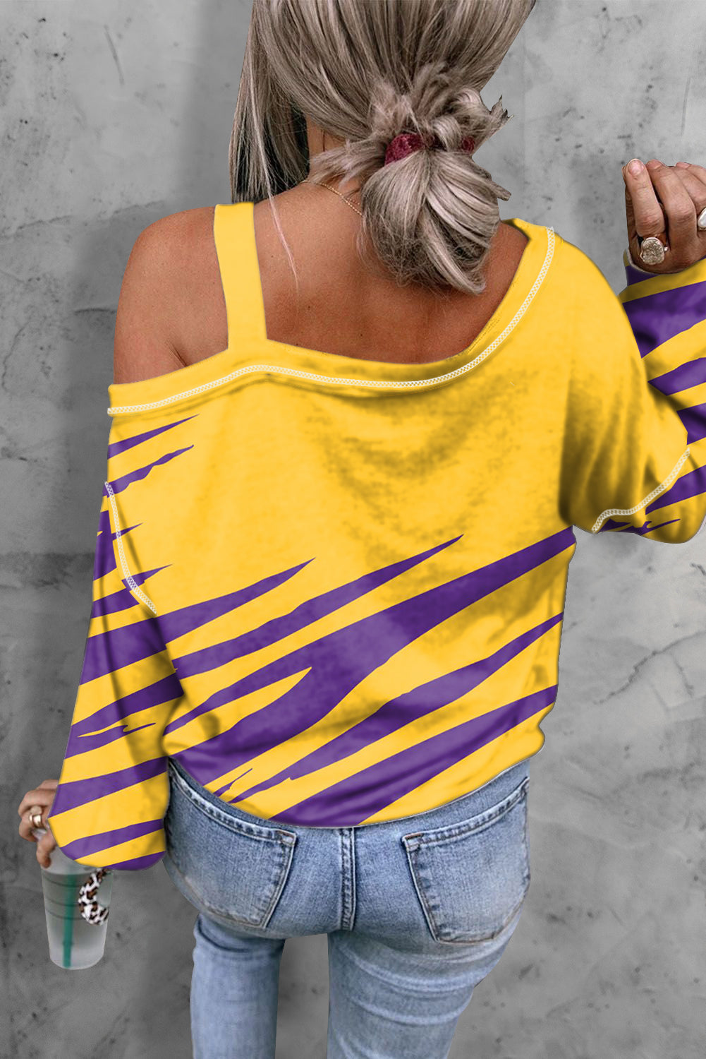 Yellow Tiger Rugby Football Striped Print One Shoulder Blouse