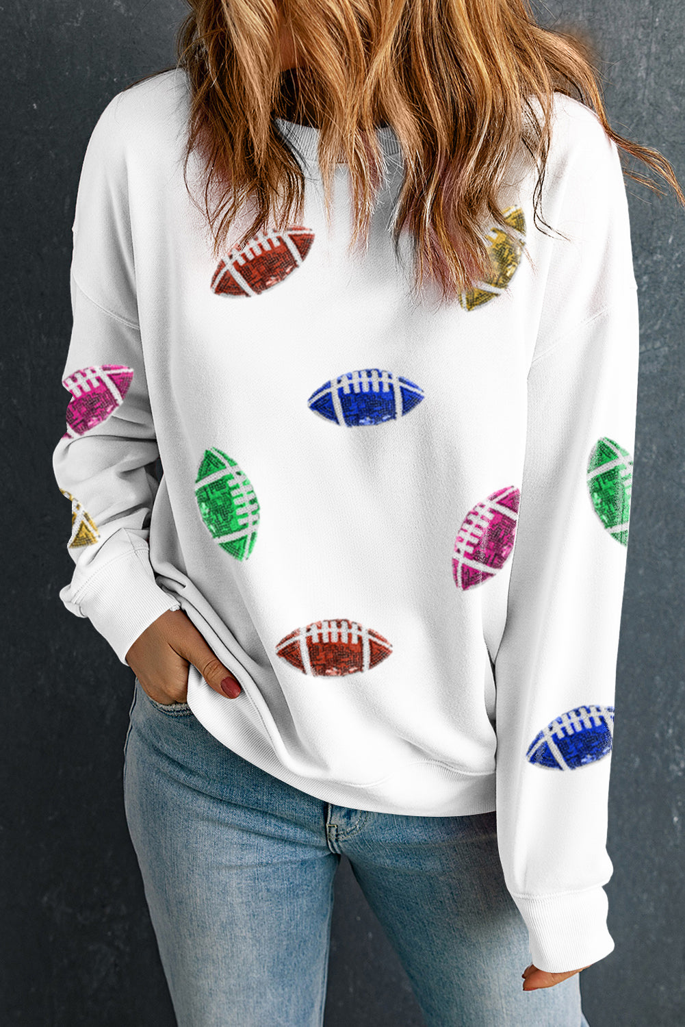 Beige Sequined Rugby Football O Neck Sweatshirt