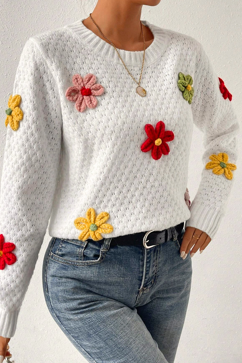 White Colorful Flower Sweater