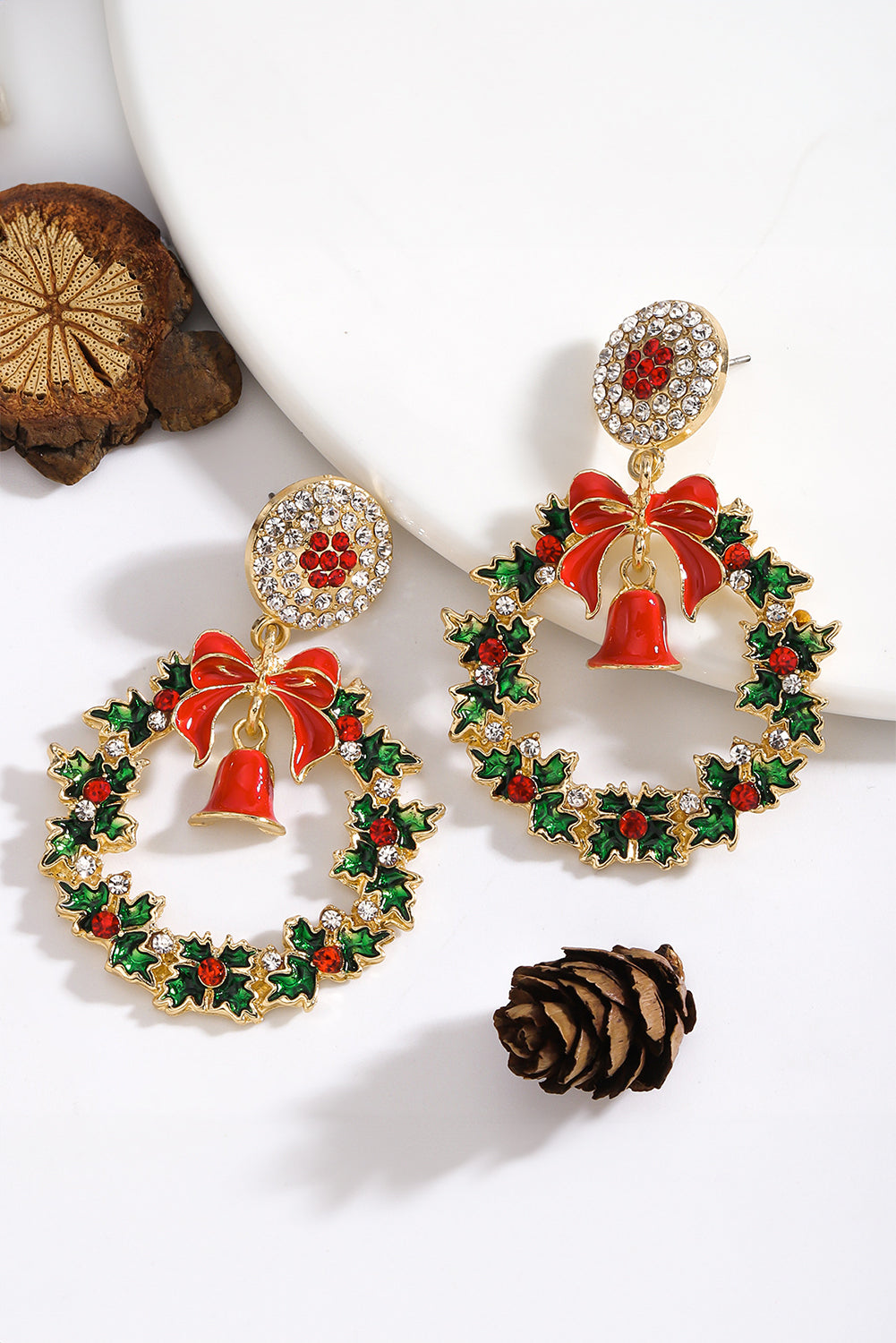 Racing Red Christmas Wreath Bell Rhinestone Stud Dangle Earrings