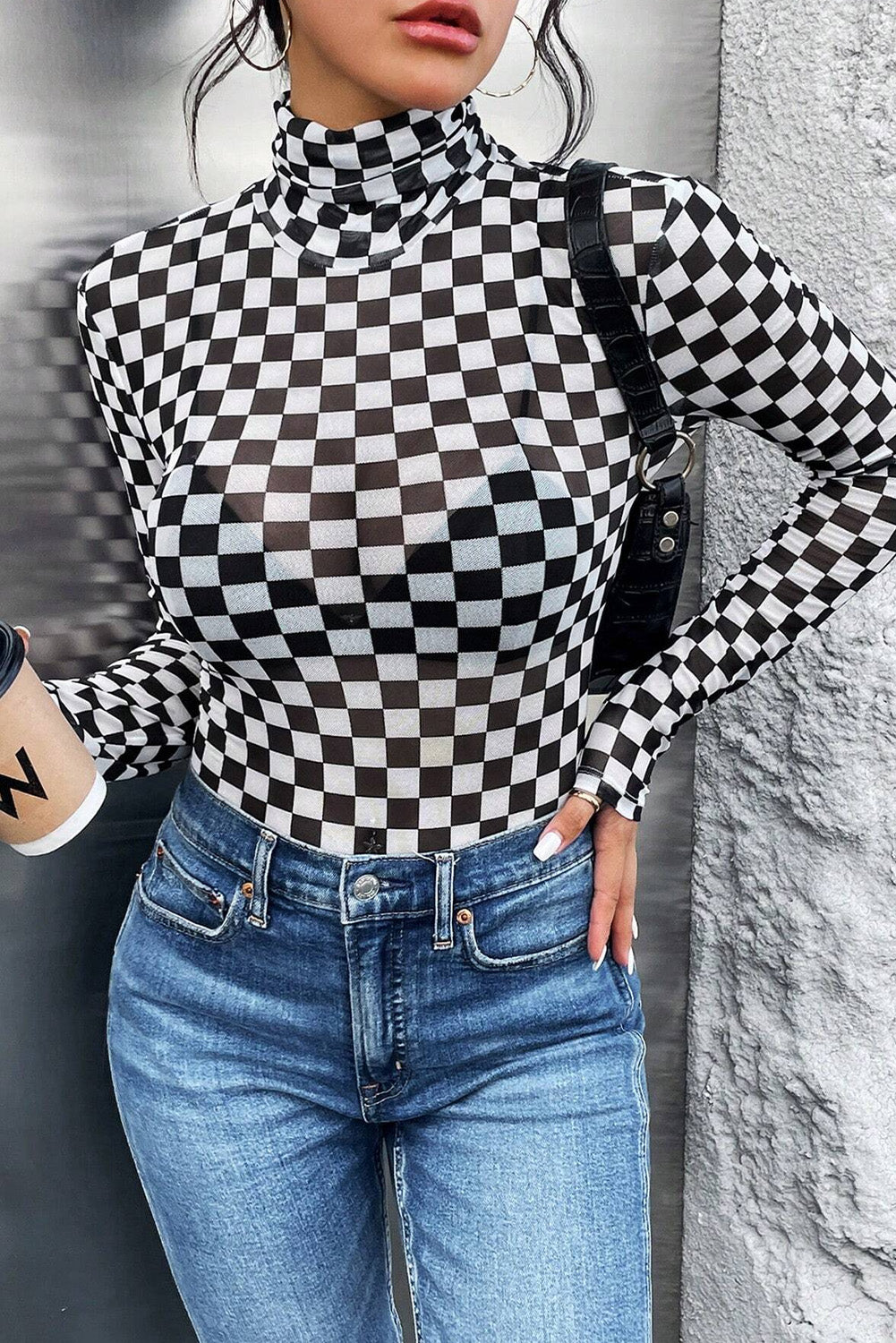 Black Checker Printed Long Sleeve Bodysuit