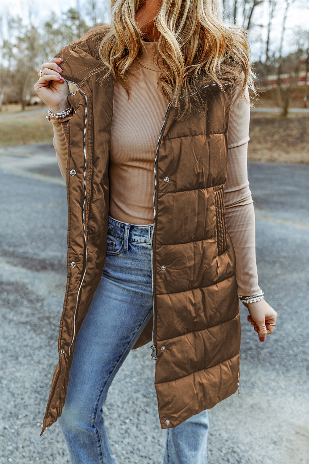 Hooded Long Quilted Vest Coat