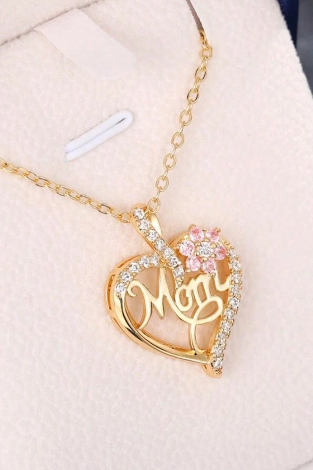 Gold Mom Rhinestone Flower Hollow-out Heart Necklace