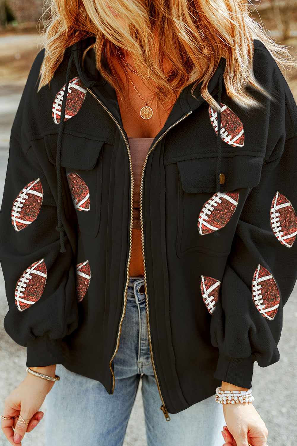 Black Sequined Football Pattern Zipper Jacket