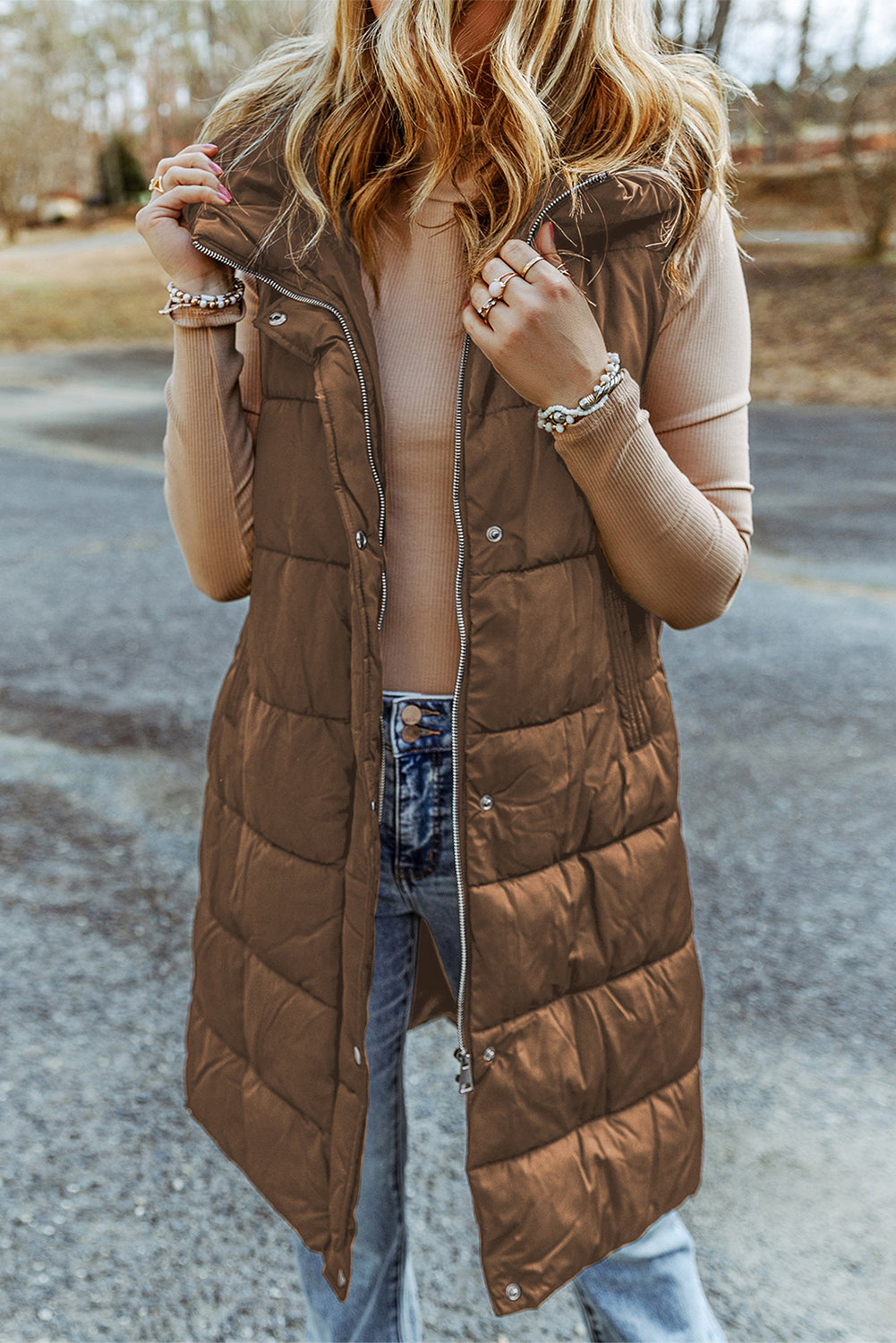 Hooded Long Quilted Vest Coat