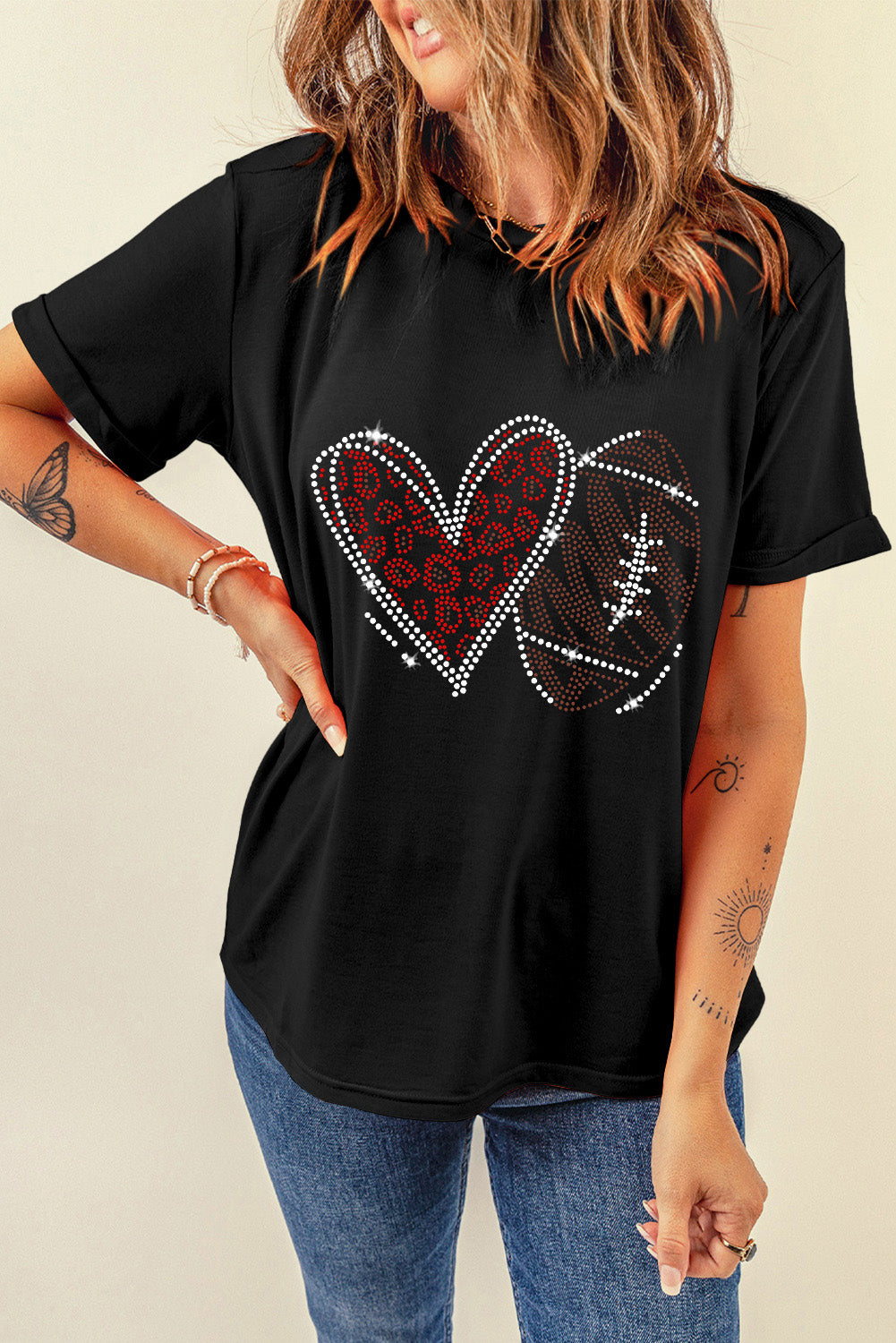 Black Rhinestone Football Heart Shape  T Shirt