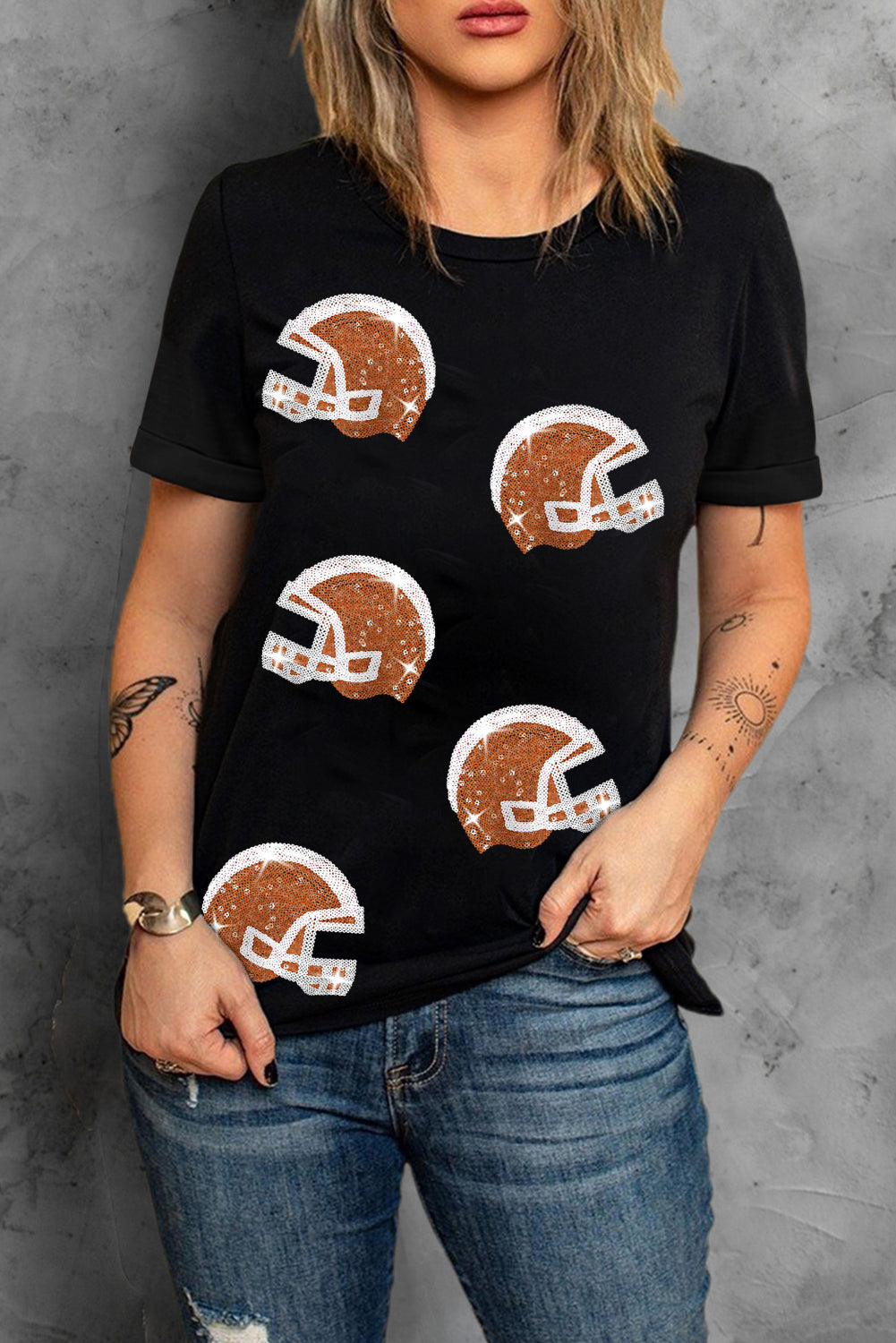 Black Sequin Football T Shirt