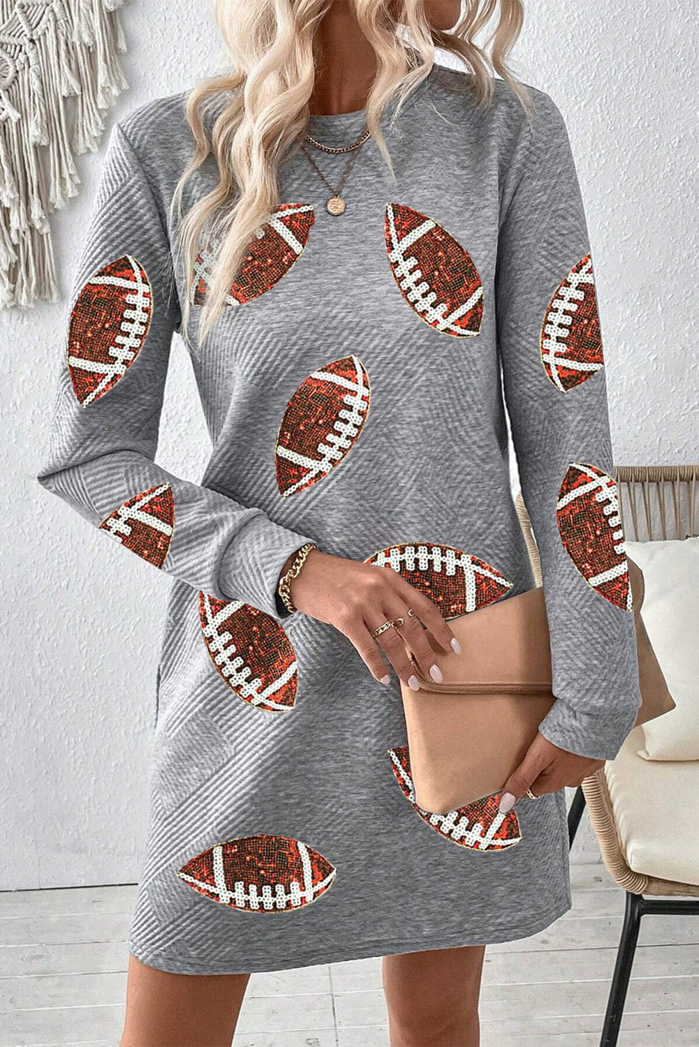 Gray Sequin Football Long Sleeve Mini Dress