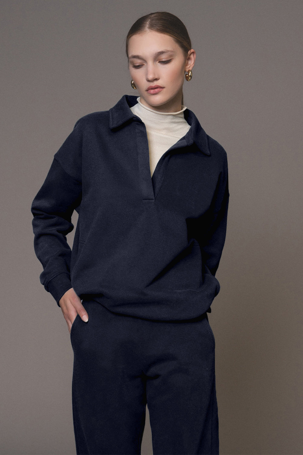 Navy Blue Fold Down Collar Pullover and Joggers Tracksuit