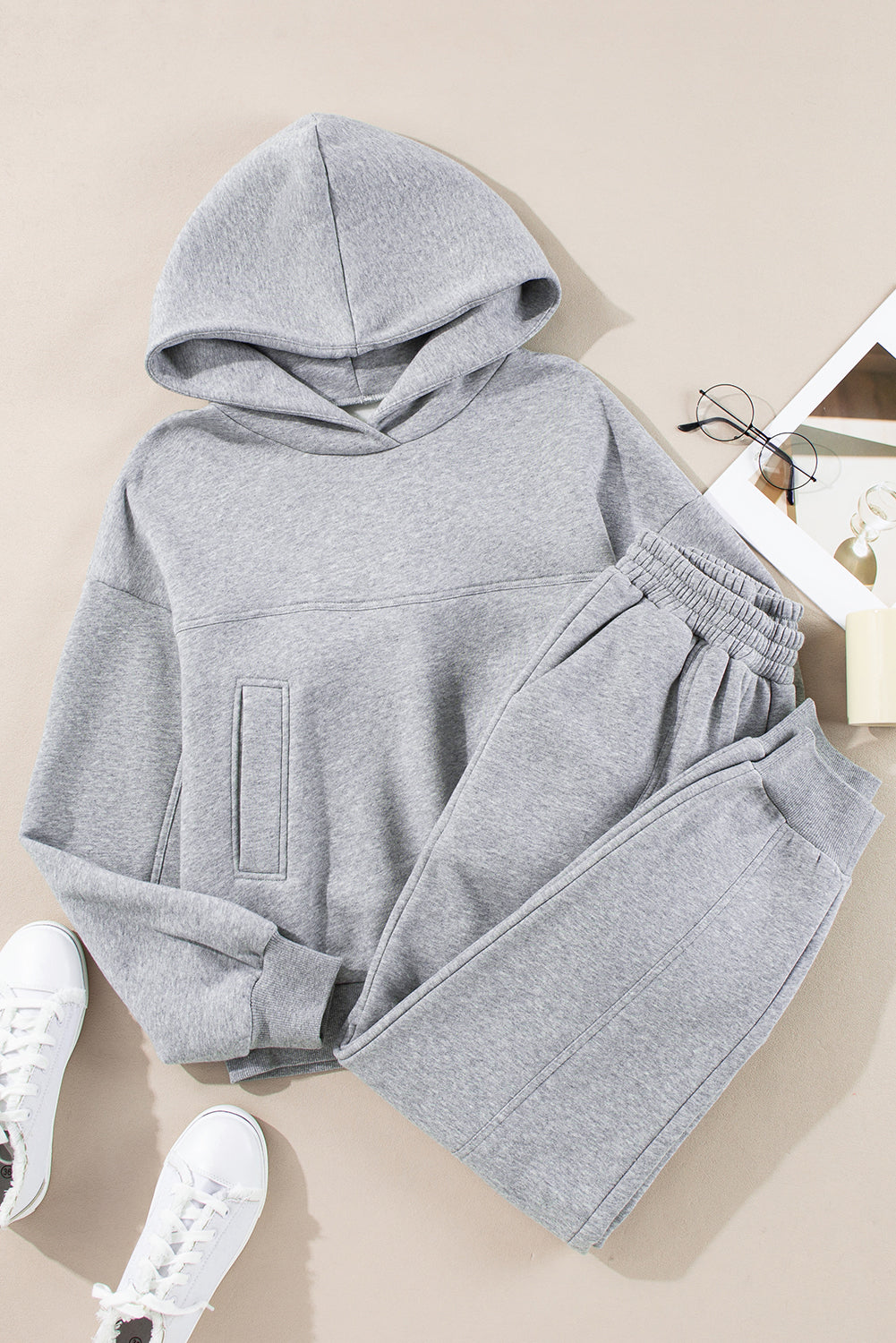 Gray Solid Exposed Seams Hoodie and Joggers Activewear Set