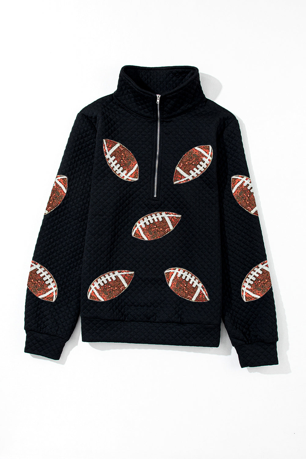 Black Sequin Football Patched Quarter Zip Sweatshirt