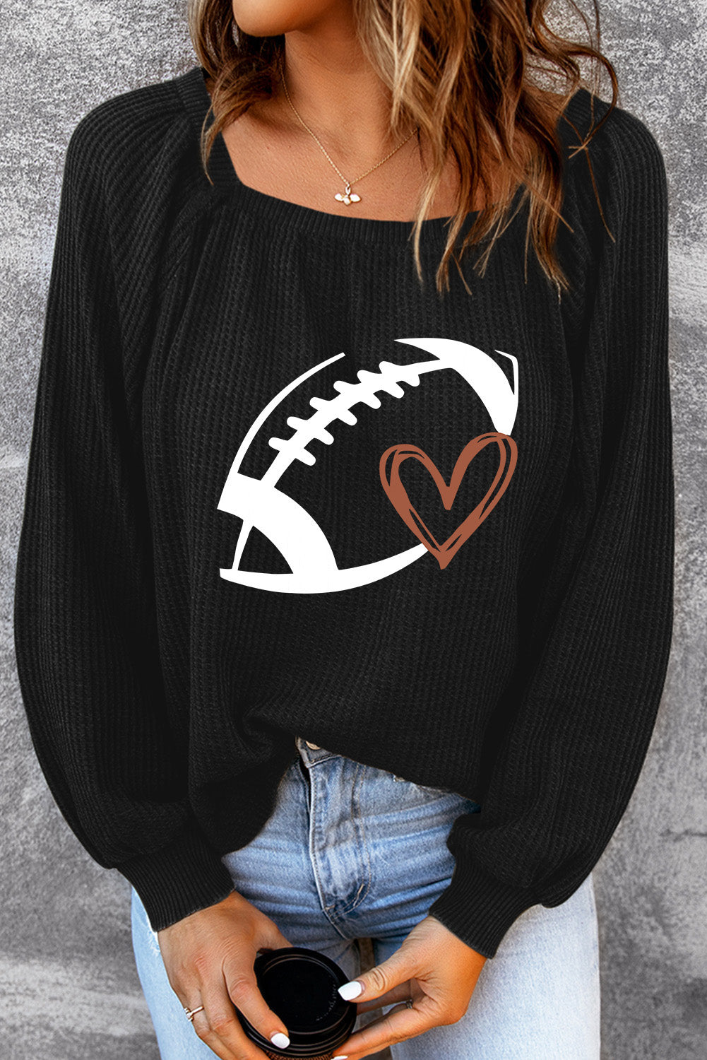 Black Football  Puff Sleeve Waffle Top