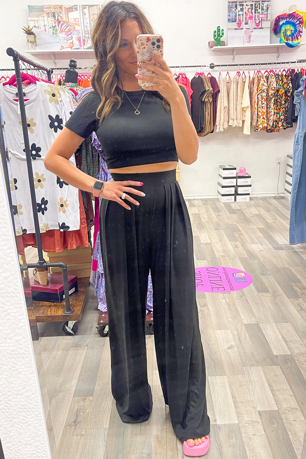 Slim Fit Crop Top and Pleated Wide Leg Pants Set