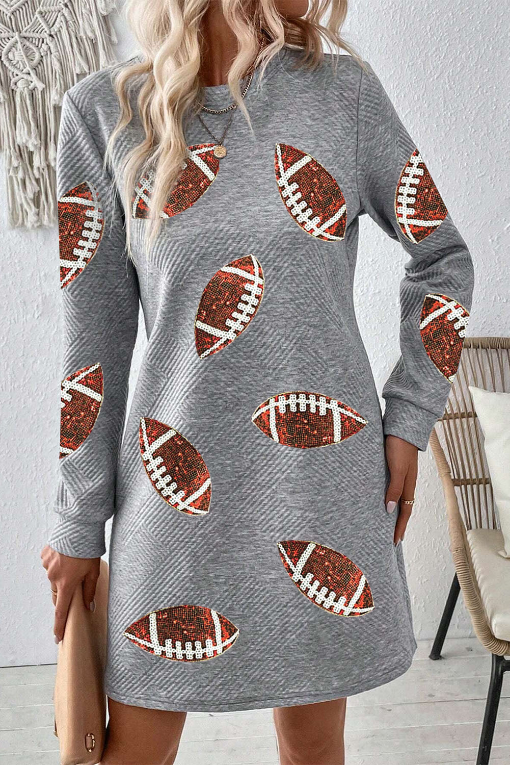 Gray Sequin Football Long Sleeve Mini Dress