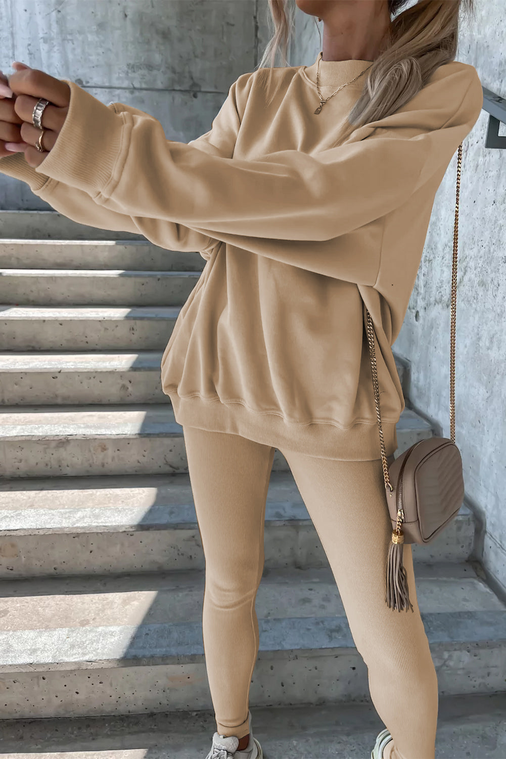 Beige Solid  Two Piece Set