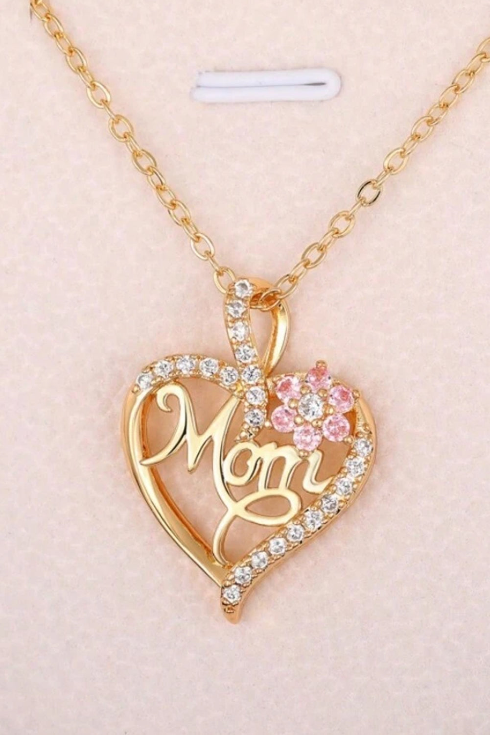 Gold Mom Rhinestone Flower Hollow-out Heart Necklace