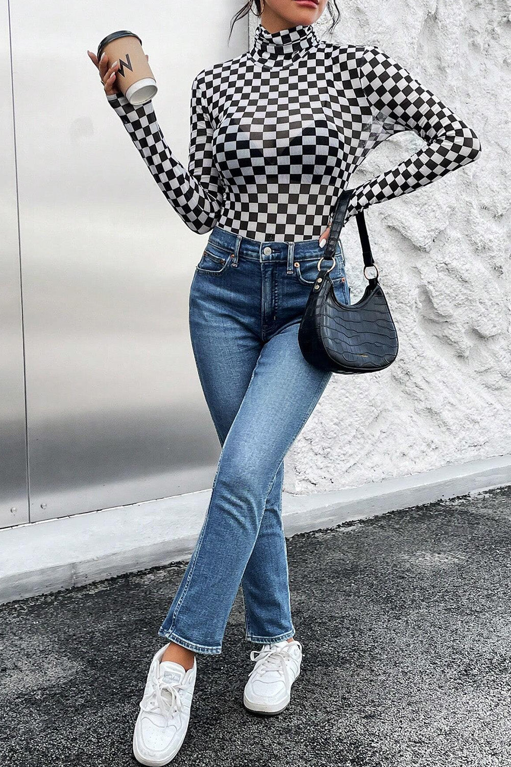 Black Checker Printed Long Sleeve Bodysuit