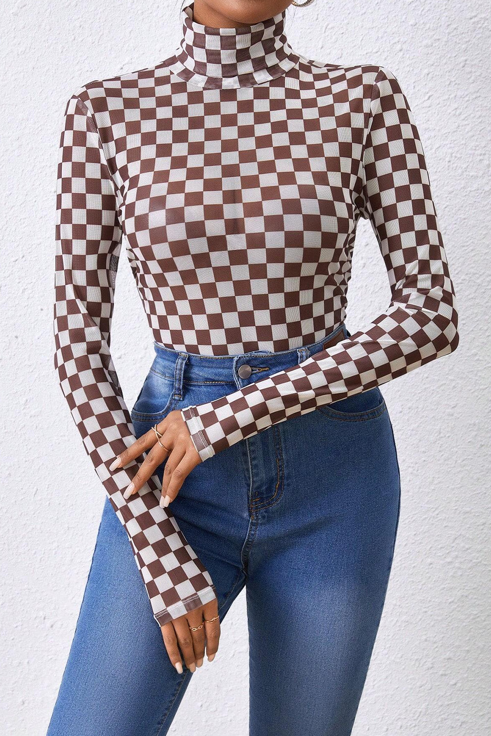 Black Checker Printed Long Sleeve Bodysuit