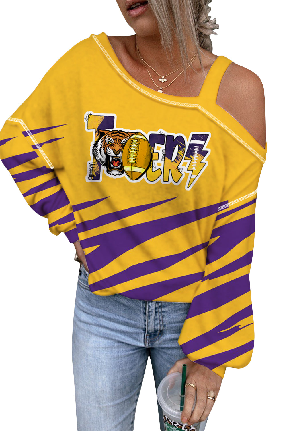 Yellow Tiger Rugby Football Striped Print One Shoulder Blouse