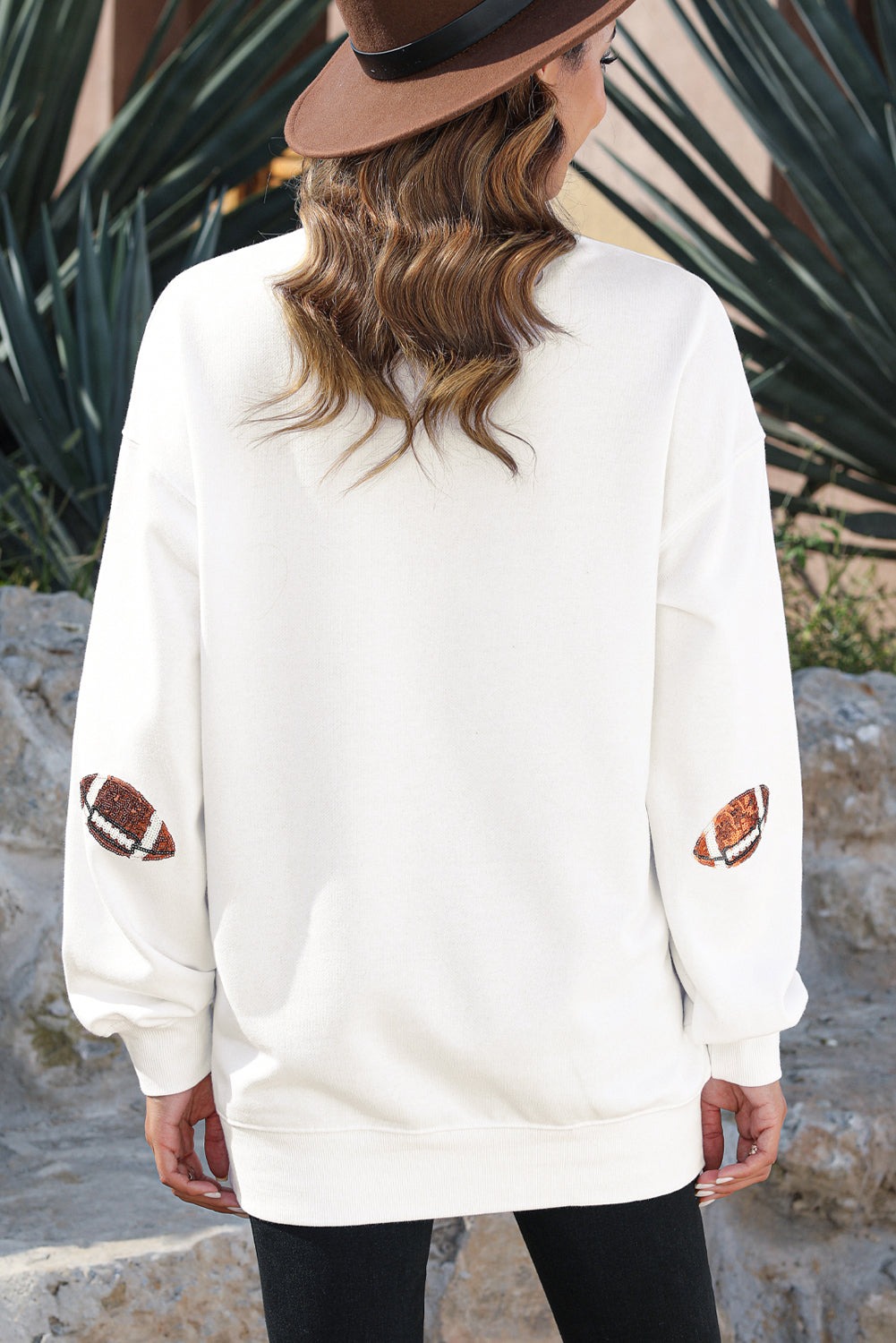 White Sequin Football Pullover Sweatshirt