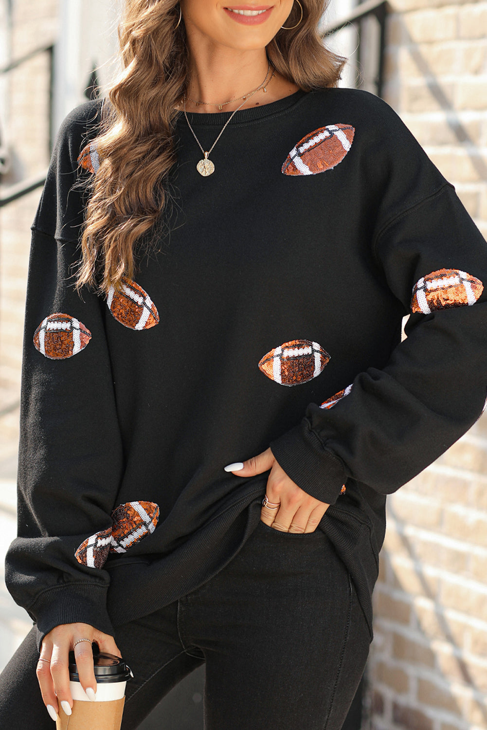 White Sequin Football Pullover Sweatshirt