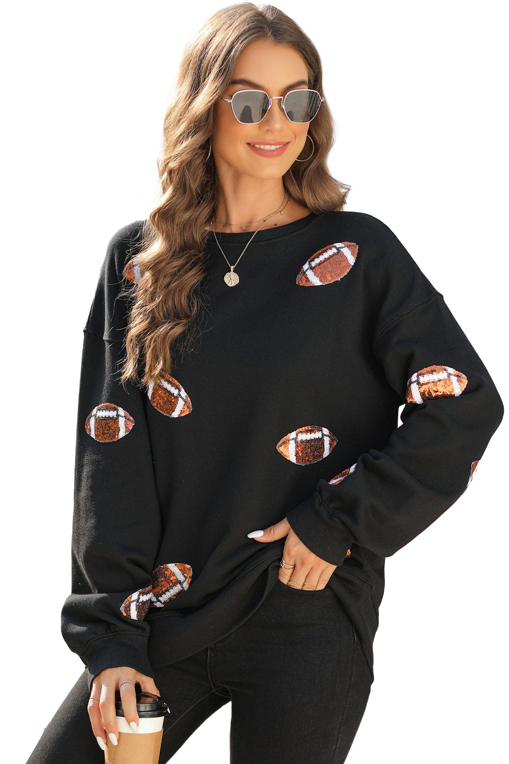 White Sequin Football Pullover Sweatshirt