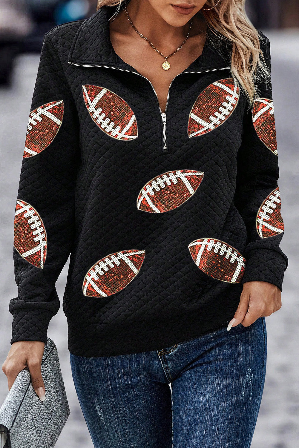 Black Sequin Football Patched Quarter Zip Sweatshirt