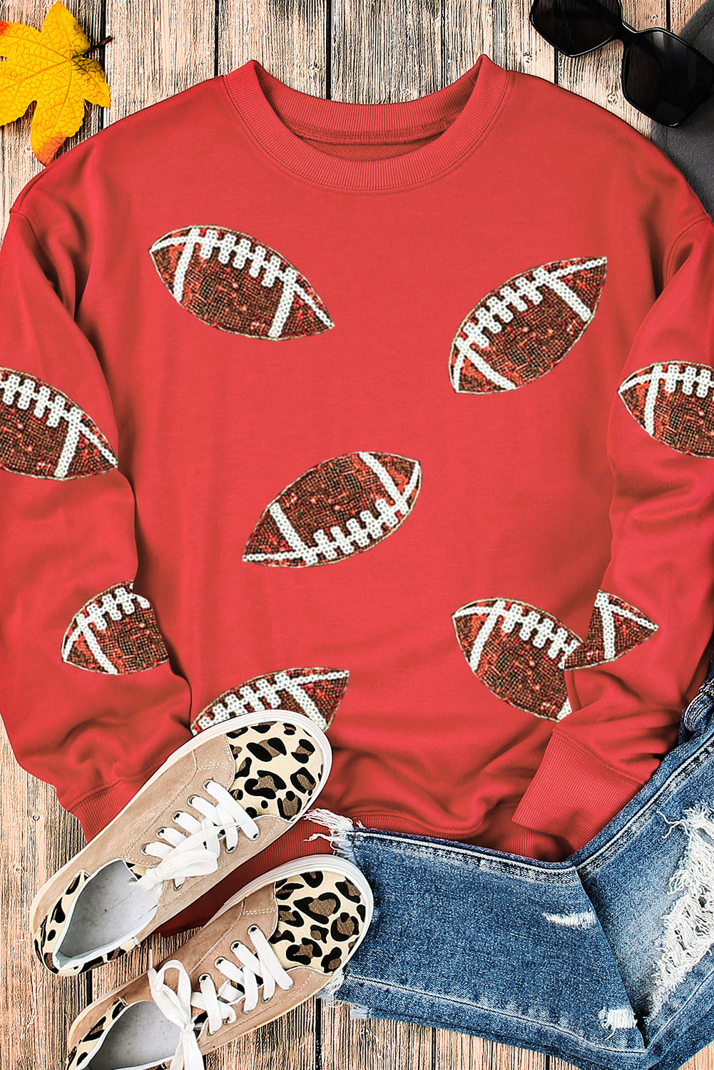 Red Sequined Football Graphic Sweatshirt