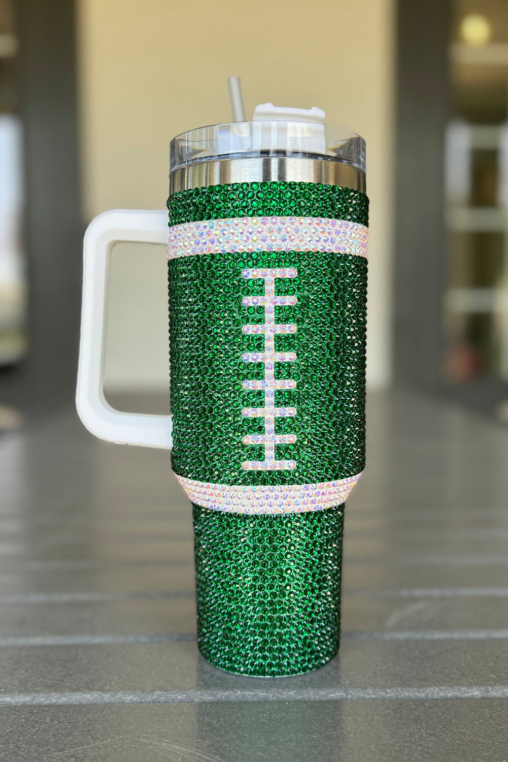 Dark Green Rhinestone  Football Cup 40oz