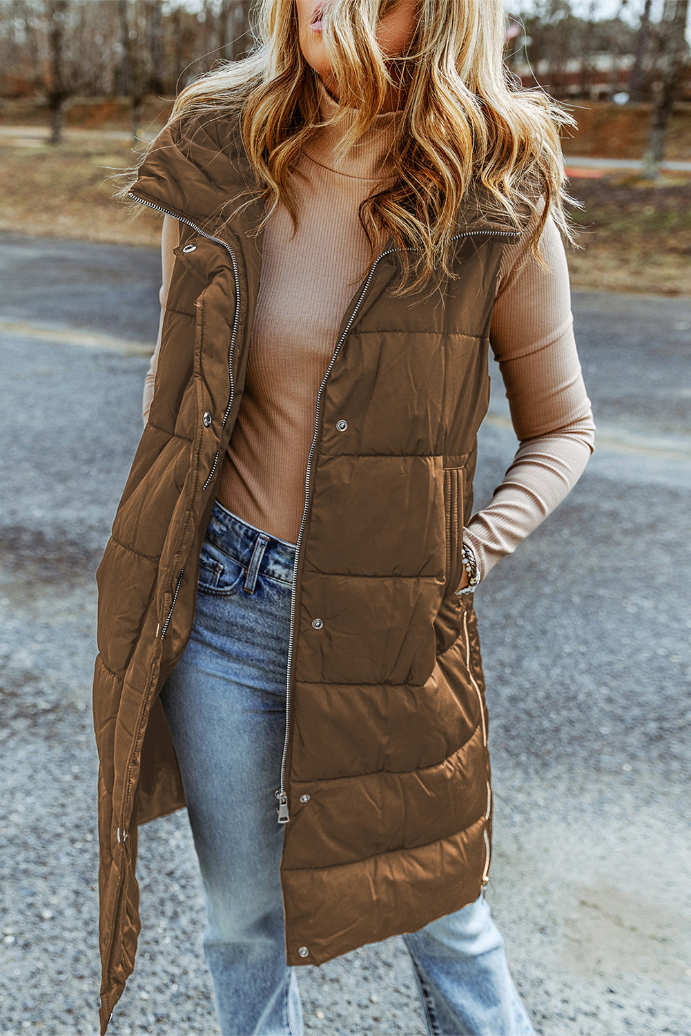 Hooded Long Quilted Vest Coat