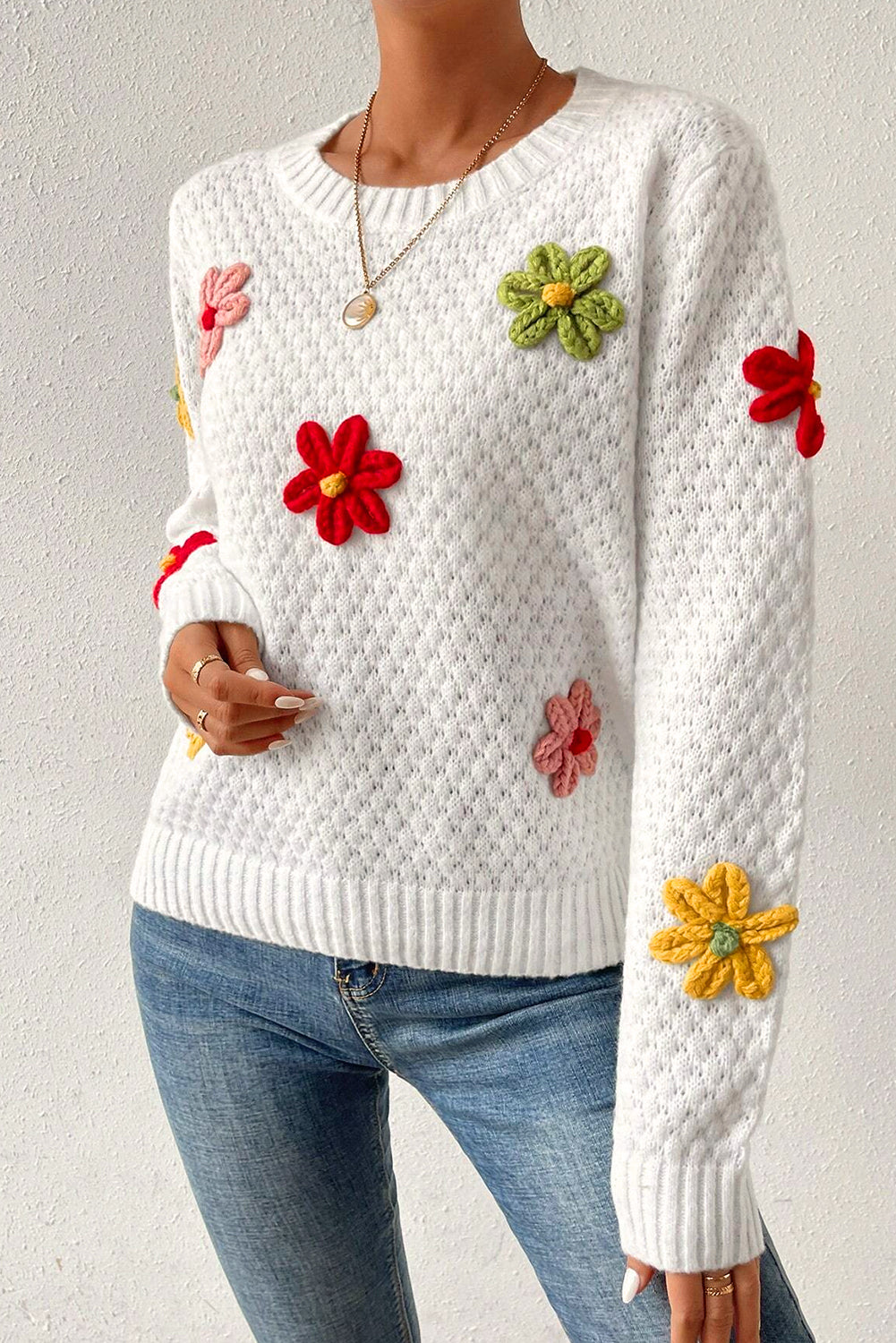 White Colorful Flower Sweater