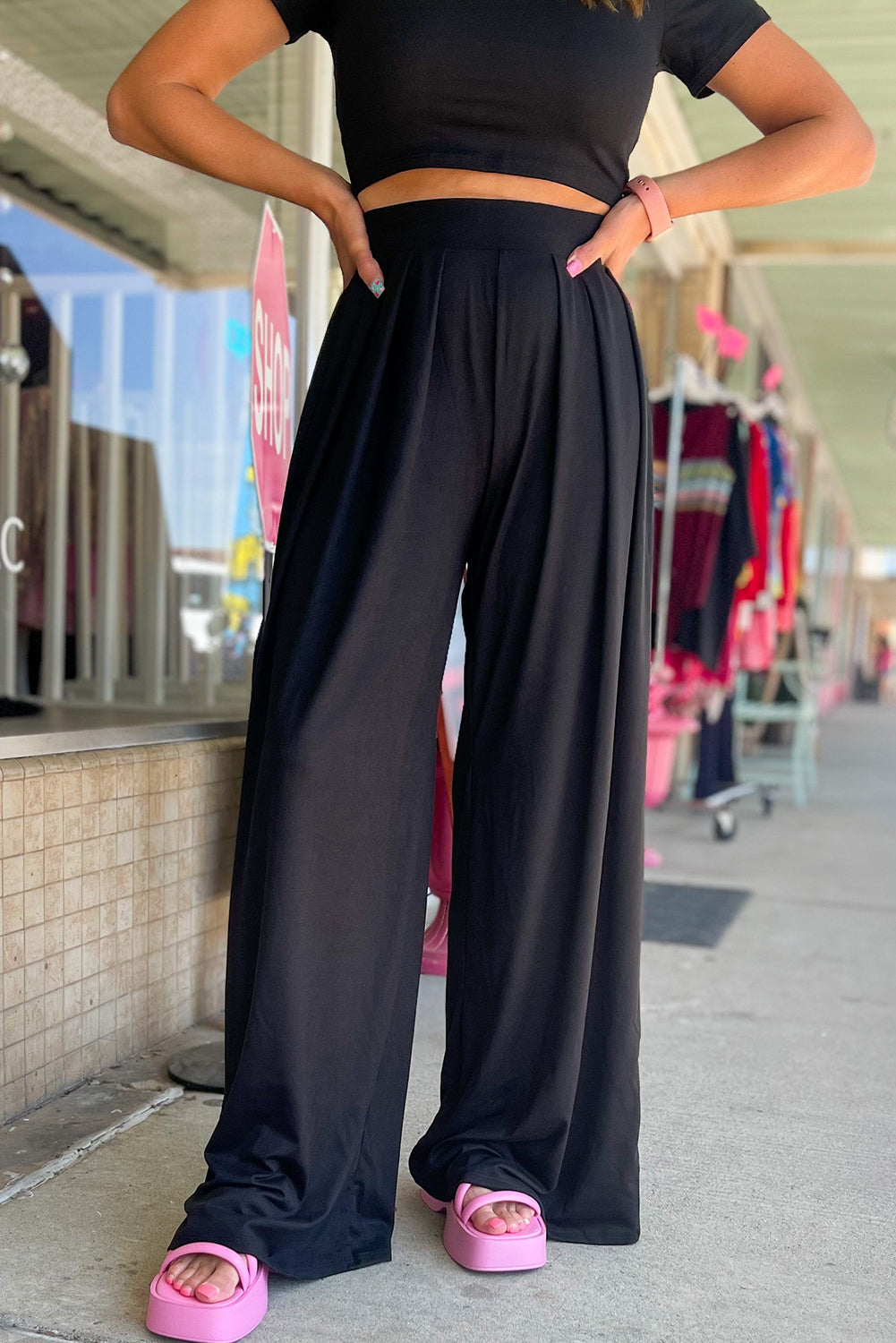 Slim Fit Crop Top and Pleated Wide Leg Pants Set