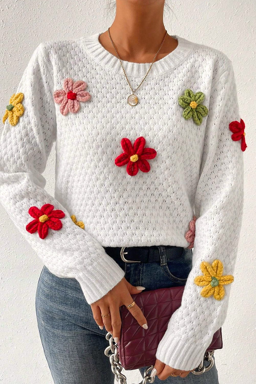 White Colorful Flower Sweater