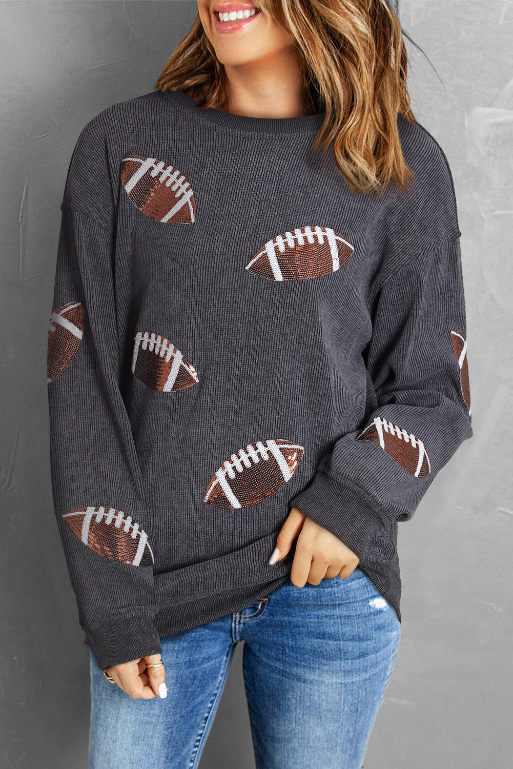 Gray Sequin Football Baggy Sweatshirt