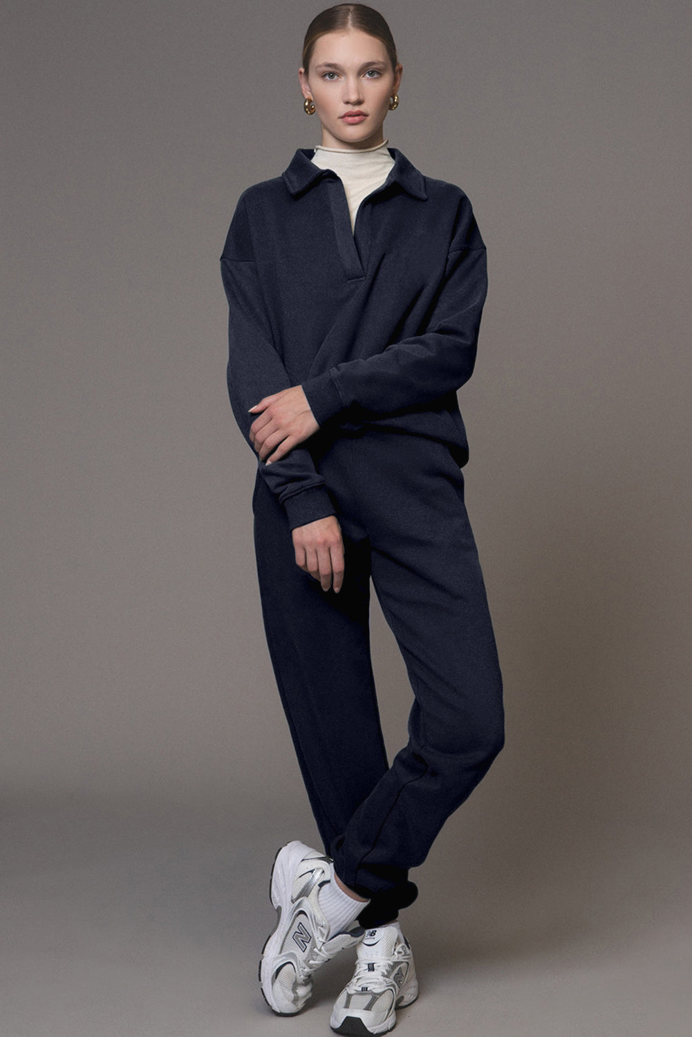 Navy Blue Fold Down Collar Pullover and Joggers Tracksuit