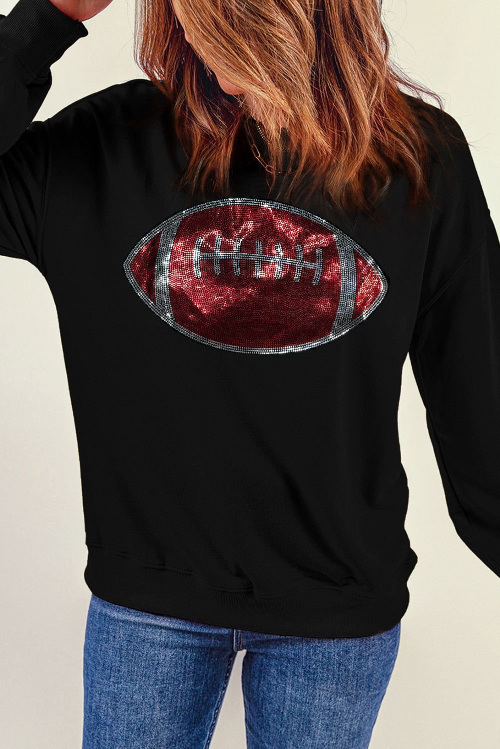 Black Rhinestone Football Pullover Sweatshirt