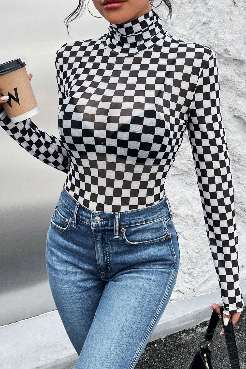 Black Checker Printed Long Sleeve Bodysuit